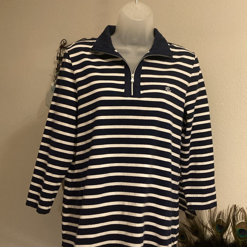 Classic Ralph Lauren 3/4 zip neck T-shirt Navy Blue and White Stripes Sz L